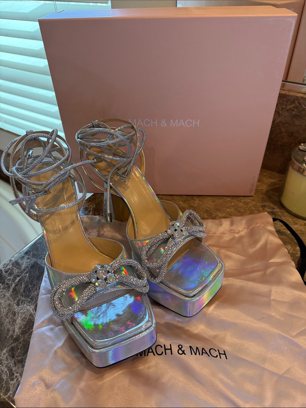 MACH & MACH Iridescent Holographic Crystal Bow Platform Sandals
